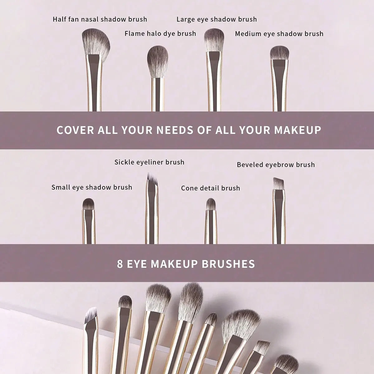 シャンパンシルバー ポータブル アイメイクブラシセット（8本入り） - brushy